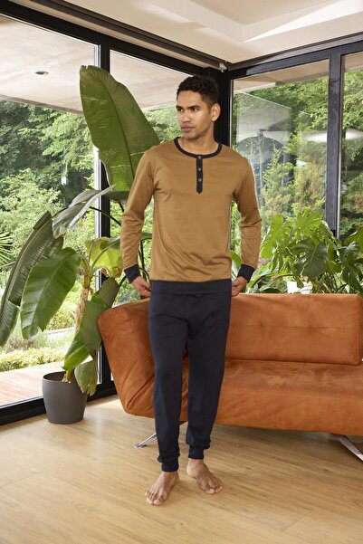 KLY 9268 Чоловічий піжамний комплект з довгими рукавами, коміром на ґудзиках ...