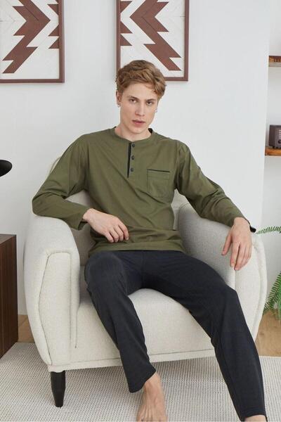 KLY 9229 Чоловічий піжамний комплект з довгими рукавами та коміром-стійкою