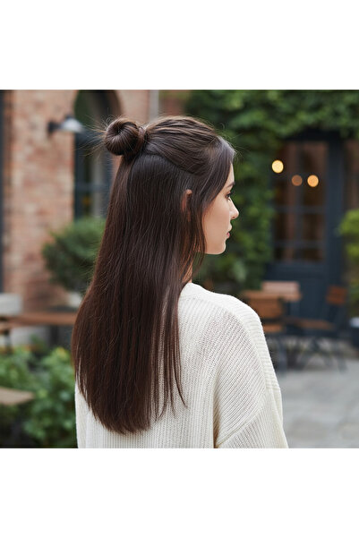 Peruk Market Koyu Kahve Fiber Sentetik Düz Yarım Ay ve 2 Yan Çıt Çıt