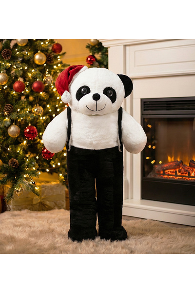 Pandamkee دمية باندا محشوة خاصة بعيد الميلاد من أوزغونير، واقفة بزي أسود وقبعة