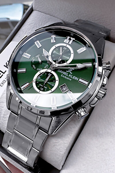 Daniel Klein Exclusive Erkek Kol Saati 3 Atm Su Geçirmez Gümüş Yeşil Renk Çelik Kordon Hediye Bileklik DKE2004C3