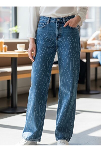 Blue mist Loose Fit Jeans with Cross-Stitch Detailing