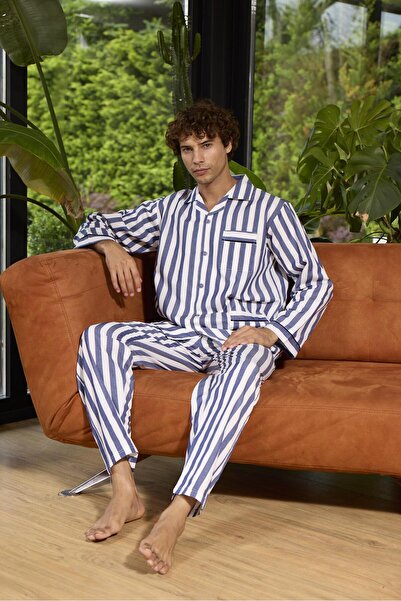 gd goldoremi 4007 Çizgili Nostaljik Pamuklu Gaffur Önden Düğmeli Uzun Kol Pij...