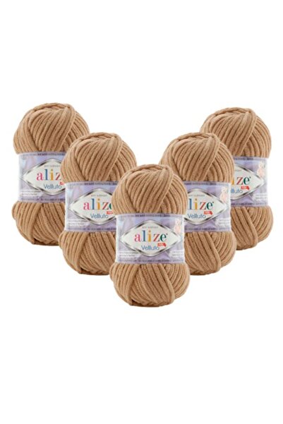 Alize (5 Pieces) Velluto Velvet Hand Knitting Yarn 5-Pack (5X100 Gr) 199 Camel Camel 100 Gr 68 Meters