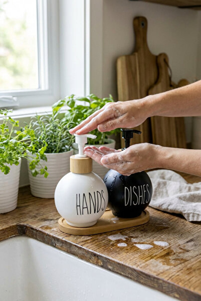 MAKRİ HOME Set de 2 dozatoare de săpun lichid din sticlă și suport din bambus (450 ml) |   Negru-Alb