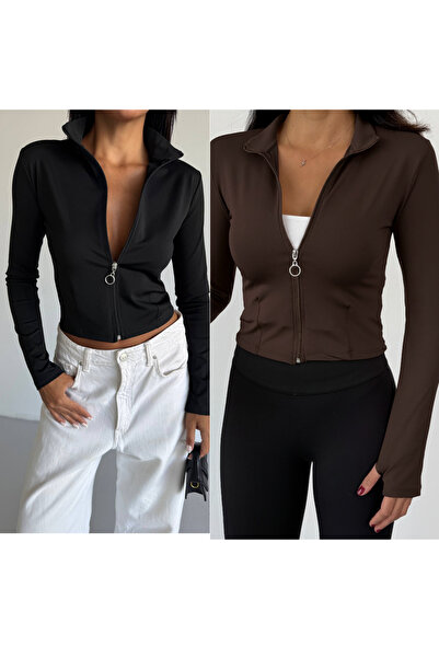 FOORS Advantageous Pack of 2, Zippered Mock Neck , Finger-Looped Diving Fabric Upper (Fleece Inside)