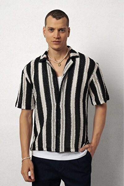 Plus Eighteen Striped Black Knitwear Men's Shirt