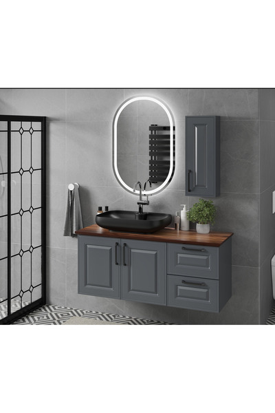 ROSEART BANYO ROSERAVEN 110CM ANTRASİT BANYO DOLABI SETİ AYNA + LAVABO + ALT MODÜL + MİNİ DOLAP