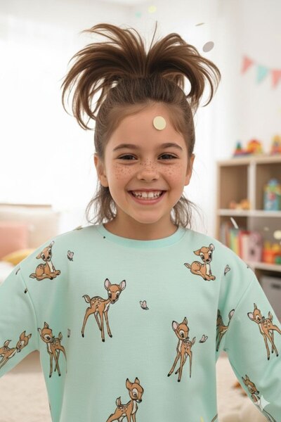 İsobel Kids Girl's Gazelle Pattern Green Color 100% Cotton Single Jersey Pajamas