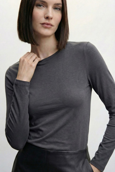 VODENS Anthracite Crew Neck Basic Ultra Soft 100% βαμβακερό μακρυμάνικο κορμάκι