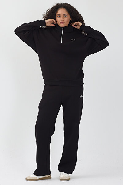 DDF Kadın Yarım Fermuarlı Oversize Polar Sweatshirt & Eşofman Altı Takım – Gri