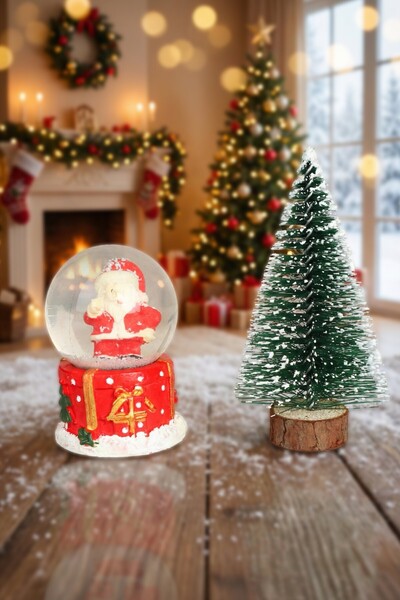 DEKOMUS سلسلة 'السنة السعيدة' - 'زينة شجرة الصنوبر الصغيرة وكرة الثلج - مجموعة من قطعتين' - 'سنة جديدة وعيد ميلاد سعيد'