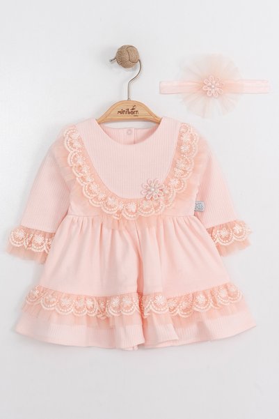 MİNİBORN NEWBORN GIRL LONG SLEEVE SALMON FLORAL RUFFLED DRESS SET