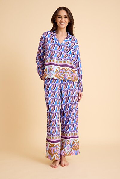 Amarelle طقم بيجامة بياقة قميص منقوشة باللون الأرجواني من Liberty - زر أمامي،...