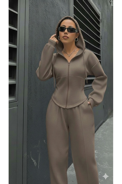 peri tower Women's Taupe Sporty Chic Zip-Up Three-Thread Unbrushed Fabric Two-Piece Tracksuit Set 0057