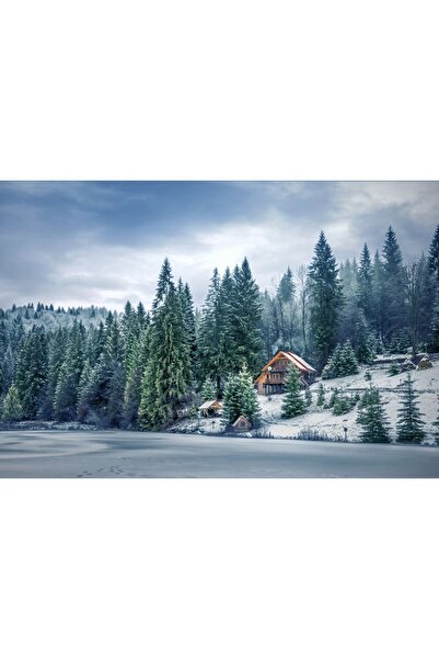 Zumzeria Tablou Canvas Cabana în pădure în timpul iernii, 80x50cm, tabloucanv...