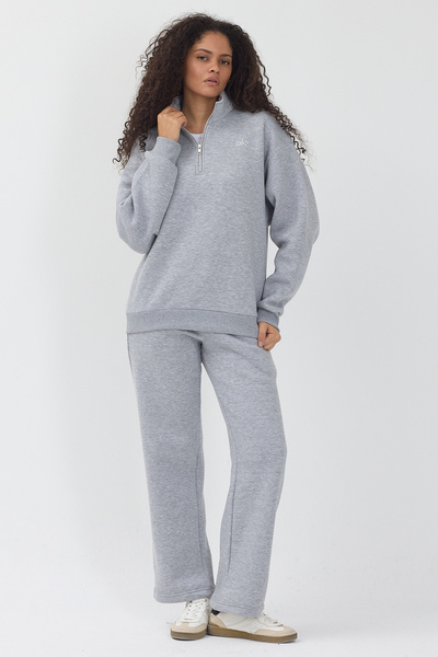 DDF Kadın Yarım Fermuarlı Oversize Polar Sweatshirt & Eşofman Altı Takım – Gri