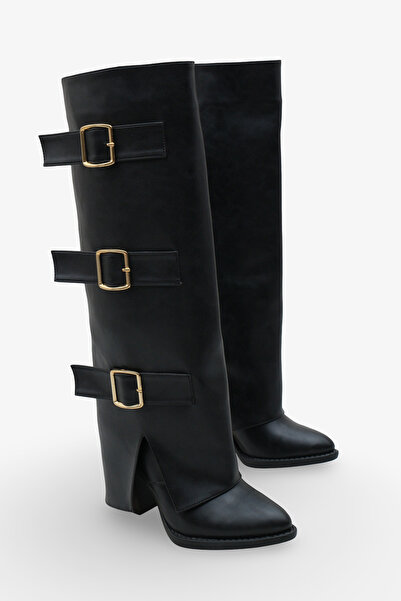 LOJO Cizme de damă cu centură cu vârf ascuțit, negru Tusso