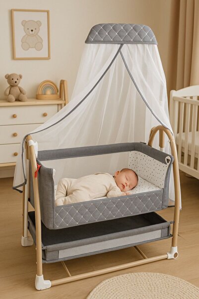 Tommybaby Royal Anne Yanı Beşik Tüllü Sepet Beşik Sallanabilir Bebek Beşiği Anne Yanı Beşik