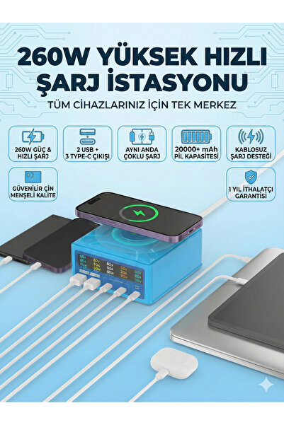 FaroxTech RL-304R Çok Portlu Dijital Ekranlı Kablosuz Şarjlı 260W USB Hızlı Ş...
