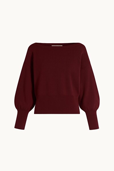 Mixray 6988 Women's Asymmetrical Rib Cut Boat Neck Knitwear Sweater Burgundy