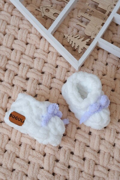 Bugula Newborn Knitted Booties 0-3m Lilac Bowknot White Unisex Handmade Baby ...