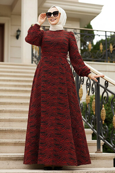 Neva Style Stone Beaded Embroidered Burgundy Hijab Dress 23882Br