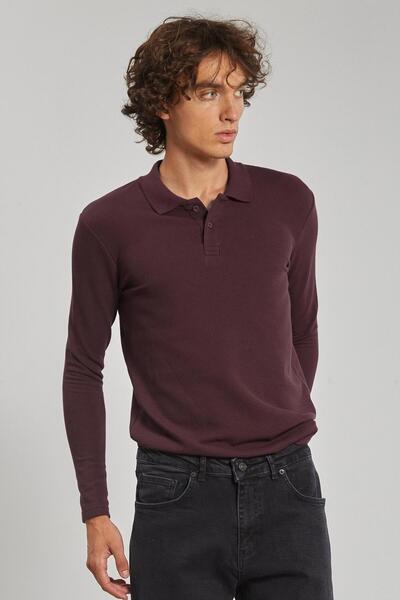 BARRELS AND OIL سويت شيرت رجالي بياقة بولو بنمط الوافل - لون الكرز