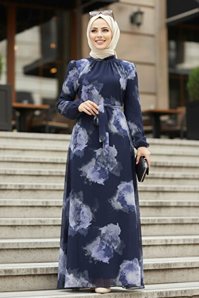 Neva Style فستان حجاب منقوش باللون الأزرق الداكن 279313L