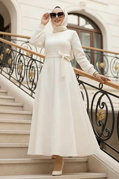 N.S NEVA STYLE Rochie ecru cu mâneci brodate cu margele 23631E