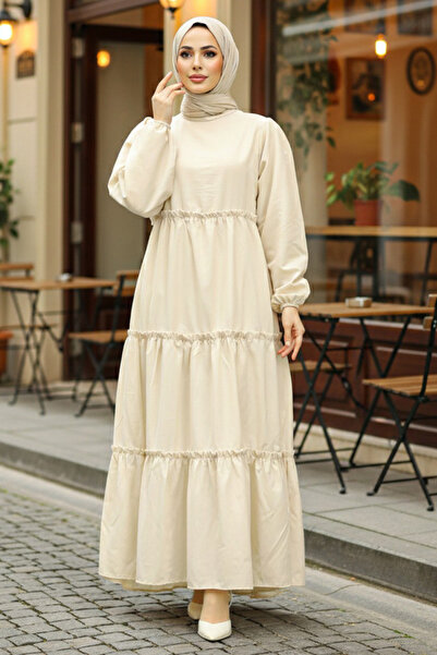 Neva Style Kat Pleated Cream Hijab Poplin Dress 57342Kr