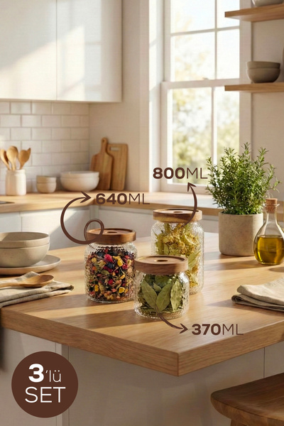 Vienev Set of 3 Textured Glass Jars with Wooden Lids |   Seasoning and Legume Storage Container 370Ml-640Ml-800Ml