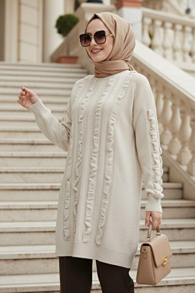 N.S NEVA STYLE Beige Hijab Knitwear Sweater Tunic 87703Bej
