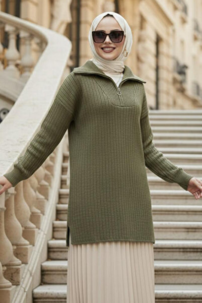 N.S NEVA STYLE Fitilli Yağ Yeşili Tesettür Triko Kazak Tunik 85521YY