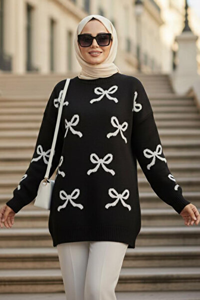 N.S NEVA STYLE Πλεκτό πουλόβερ με μοτίβο κορδέλας μαύρο χιτζάμπ 8754S