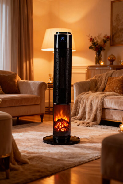 Hoogar German HG-BLKO Black Oval Seri OLED Şömineli Ekran Dijital Kule Tipi Seramik Hızlı Isıtıcı