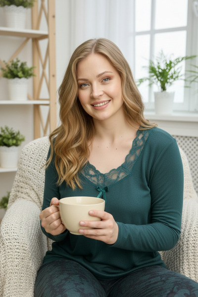 Miss Meryem Yeşil Yün Viskon Dantel Detaylı Uzun Kol Büyük Beden Pijama Takım