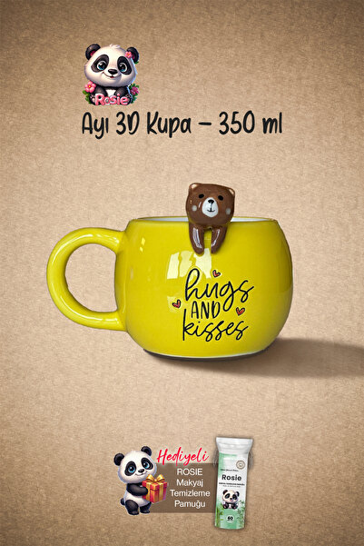 ROSIE Ayı Figürlü Seramik Kupa 350 ml ve Pamuk