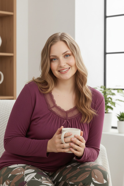 Miss Meryem Vişne Yün Viskon Dantel Detaylı Uzun Kol Büyük Beden Pijama Takım