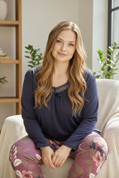 Miss Meryem İndigo Yün Viskon Dantel Detaylı Uzun Kol Büyük Beden Pijama Takım