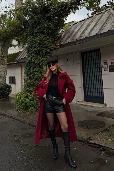 Laluvia Prémiový kabát s bordovými rukávy a kapsou na rukávu - 408033