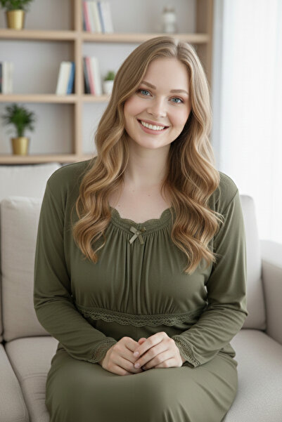 Miss Meryem Haki Yün Viskon Dantel Detaylı Uzun Kol Elbise