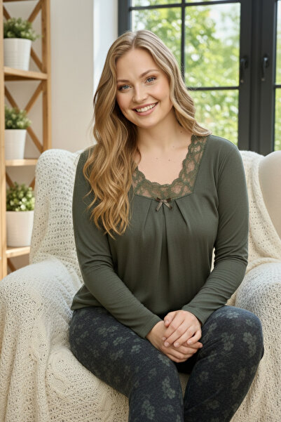 Miss Meryem Haki Yün Viskon Dantel Detaylı Uzun Kol Büyük Beden Pijama Takım