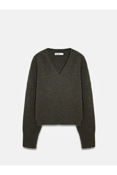 Dilvin 10645 V Yaka Yumuşak Dokulu Triko Kazak-Haki