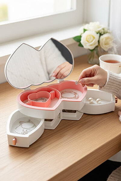TAKIŞTIR White Color Heart Figured Mirrored Jewelry Organizer with Drawers
