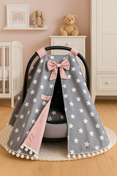 Genel Markalar Gri Yıldız Ponponlu Tasarım Puset Örtüsü ve Puset Minderi