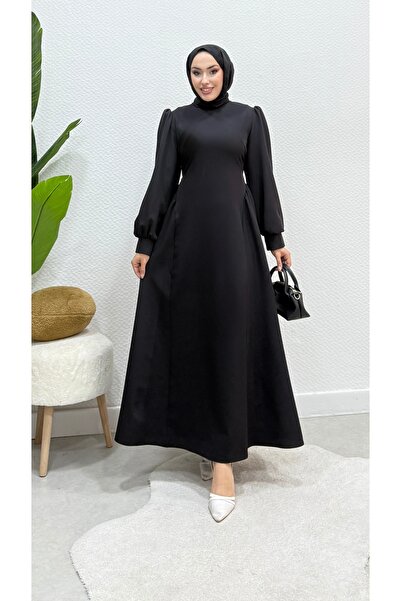 modasusev فستان حجاب بأكمام بالونية وربطة عند الخصر