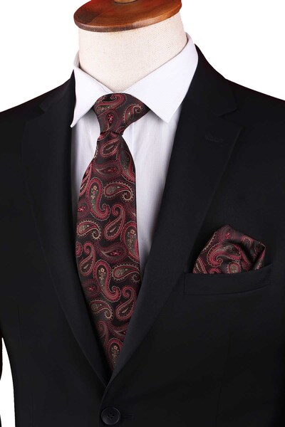 Kravatkolik Bordo Şal Desen Mendilli Klasik Kravat KK13119