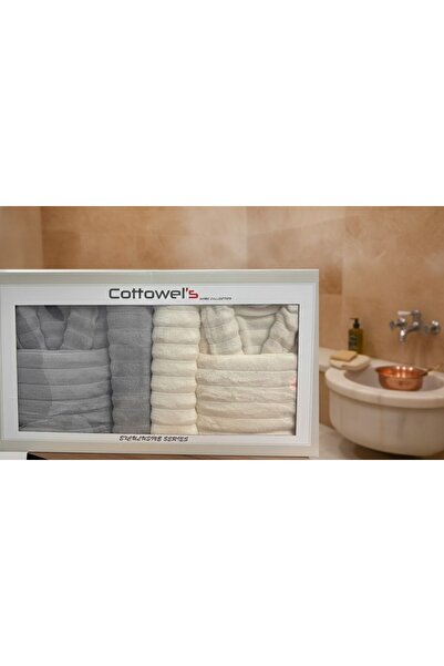 COTTOWEL'S Micro Cotton 6 Parça Aile Bornoz Seti / GRİ - KREM/ Bornoz/ Banyo ...