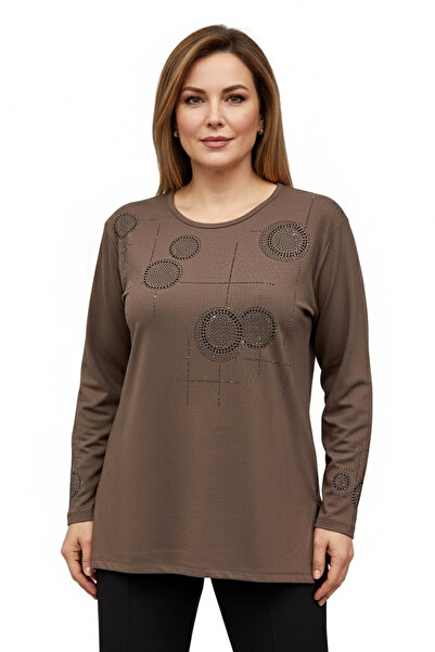 Moda Zeyn Round Patterned Stone Embroidered Clover Fabric Mother's Combed Cotton Blouse - Winter Quality
